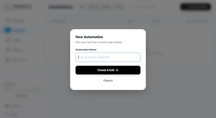 New Automation popup asking for an Automation Name with Create & Edit button