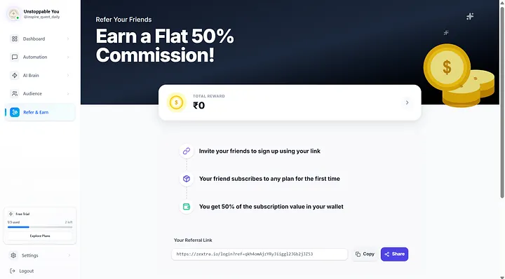 Zextra Refer Your Friends page showing Earn a Flat 50% Commission with referral link