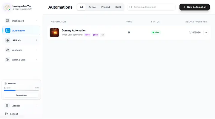 Zextra Automations tab showing Dummy Automation with Live status, runs count, and last published date