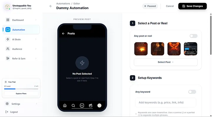 Zextra automation editor showing Select a Post or Reel step with post thumbnails