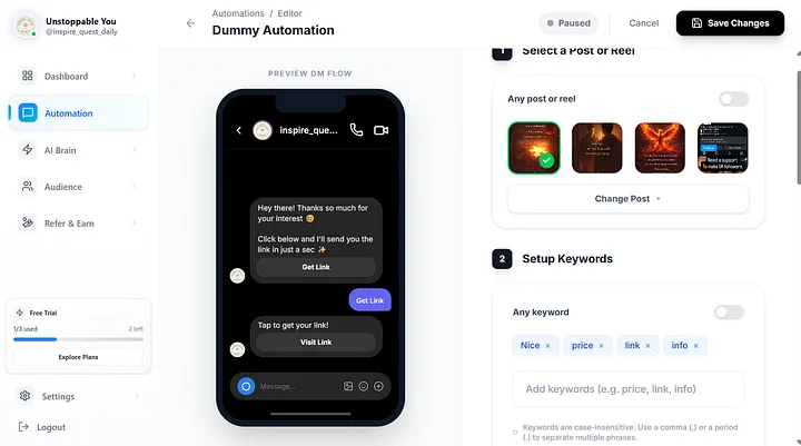 Zextra automation editor showing Setup Keywords step with example keywords like nice, price, link, info