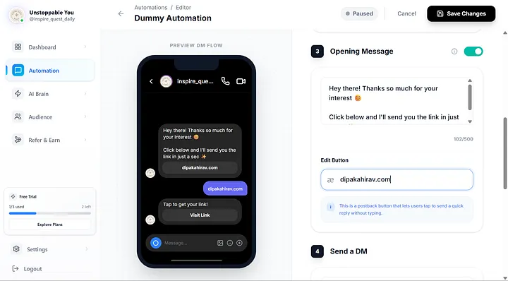 Zextra automation editor showing Opening Message configuration with quick reply button