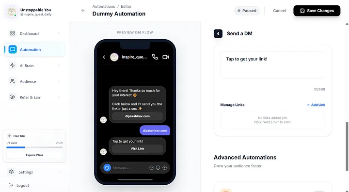 Zextra automation editor showing Send a DM step with Manage Links and Add Link options