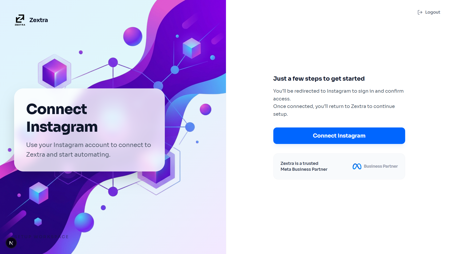 Zextra connect Instagram account screen with Meta Business Partner badge